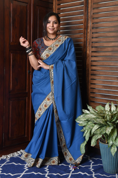 FLORAL ROYAL BLUE PATCHWORK COTTON SAREE