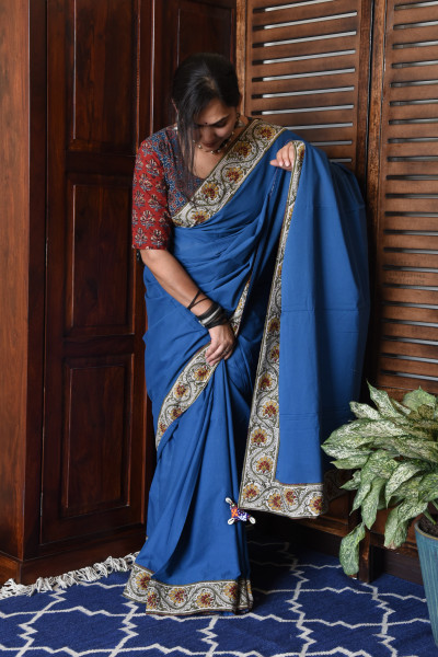 FLORAL ROYAL BLUE PATCHWORK COTTON SAREE
