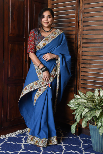 FLORAL ROYAL BLUE PATCHWORK COTTON SAREE