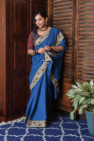 FLORAL ROYAL BLUE PATCHWORK COTTON SAREE