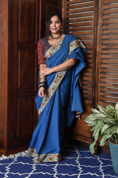 FLORAL ROYAL BLUE PATCHWORK COTTON SAREE