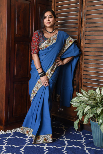 FLORAL ROYAL BLUE PATCHWORK COTTON SAREE