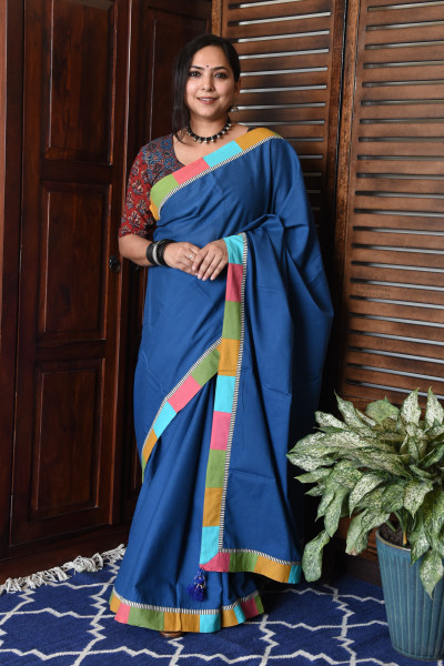 BROAD MULTICOLOR BLUE PATCHWORK COTTON SAREE