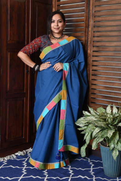 BROAD MULTICOLOR BLUE PATCHWORK COTTON SAREE