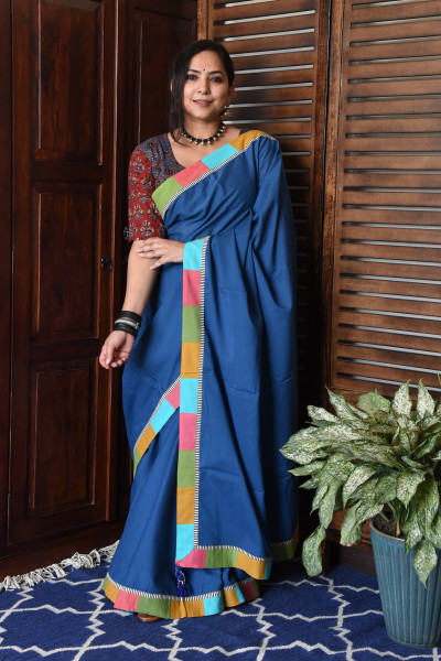 BROAD MULTICOLOR BLUE PATCHWORK COTTON SAREE