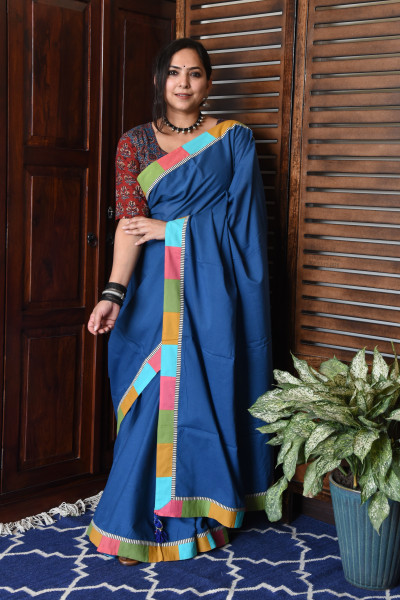 BROAD MULTICOLOR BLUE PATCHWORK COTTON SAREE
