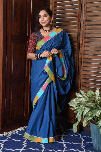 BROAD MULTICOLOR BLUE PATCHWORK COTTON SAREE