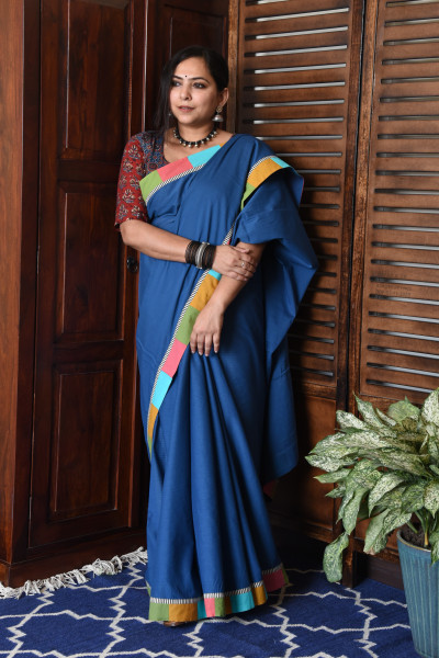 BROAD MULTICOLOR BLUE PATCHWORK COTTON SAREE