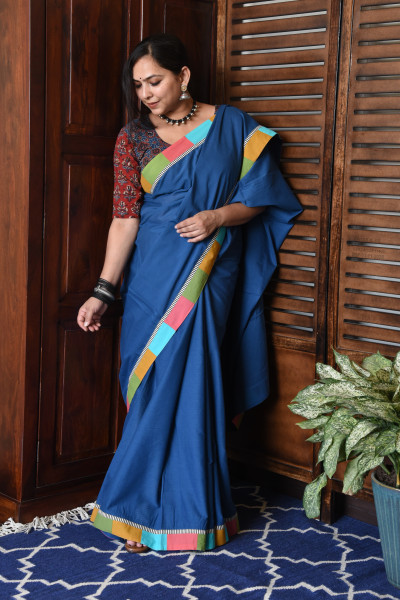 BROAD MULTICOLOR BLUE PATCHWORK COTTON SAREE