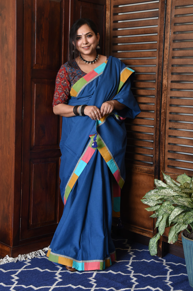 Image of BROAD MULTICOLOR BLUE PATCHWORK COTTON SAREE