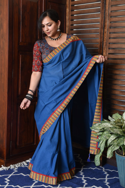THIN MULTICOLOR STRIPE BLUE PATCHWORK COTTON SAREE