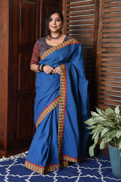 THIN MULTICOLOR STRIPE BLUE PATCHWORK COTTON SAREE