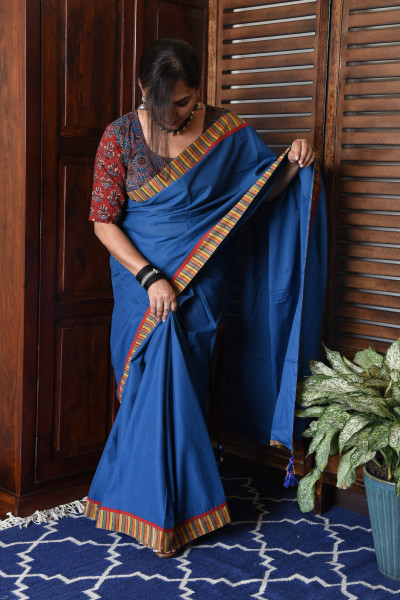THIN MULTICOLOR STRIPE BLUE PATCHWORK COTTON SAREE