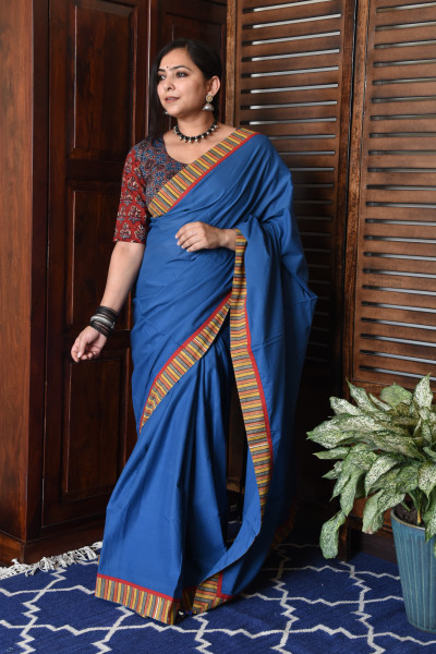 THIN MULTICOLOR STRIPE BLUE PATCHWORK COTTON SAREE