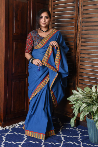 THIN MULTICOLOR STRIPE BLUE PATCHWORK COTTON SAREE