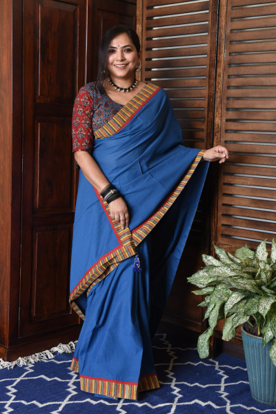 THIN MULTICOLOR STRIPE BLUE PATCHWORK COTTON SAREE