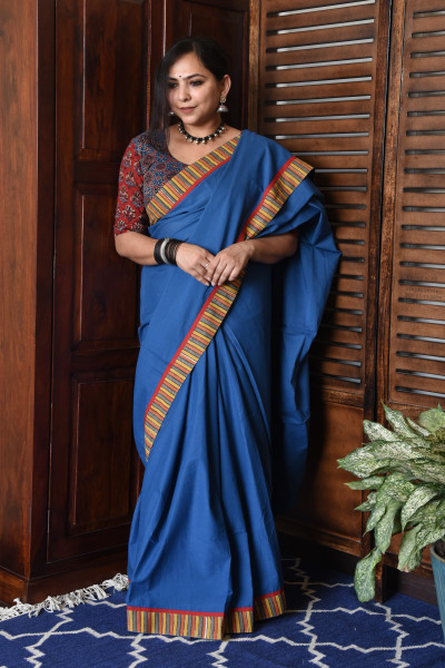 THIN MULTICOLOR STRIPE BLUE PATCHWORK COTTON SAREE