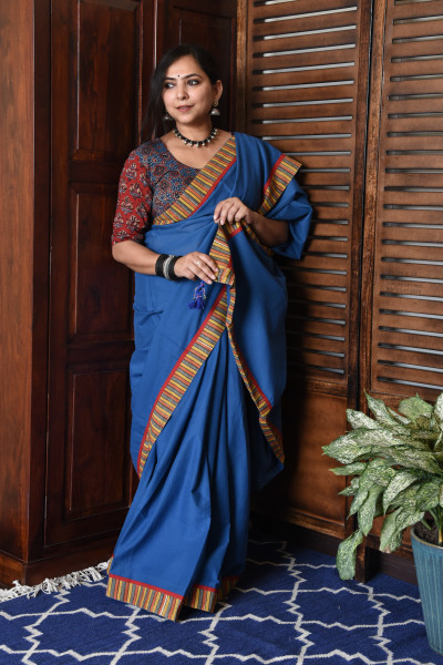 THIN MULTICOLOR STRIPE BLUE PATCHWORK COTTON SAREE