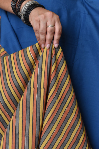 THIN MULTICOLOR STRIPE BLUE PATCHWORK COTTON SAREE