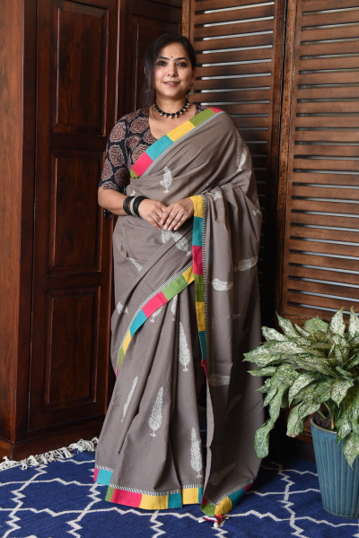 BROAD MULTICOLOR GREY PATCHWORK COTTON SAREE