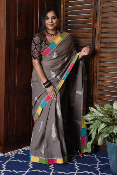 BROAD MULTICOLOR GREY PATCHWORK COTTON SAREE