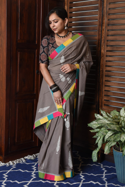 BROAD MULTICOLOR GREY PATCHWORK COTTON SAREE