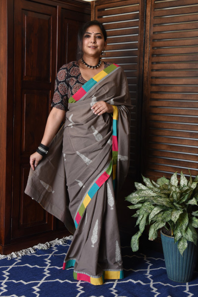 BROAD MULTICOLOR GREY PATCHWORK COTTON SAREE