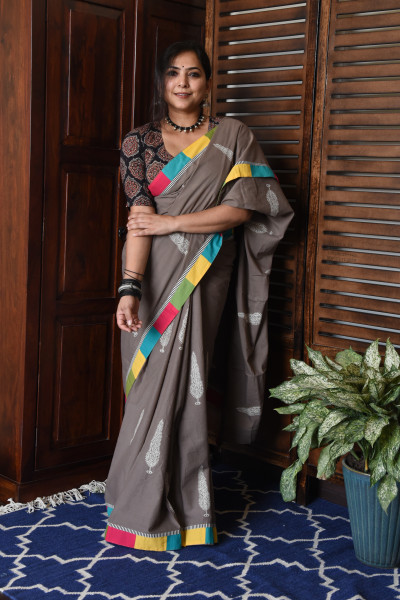 BROAD MULTICOLOR GREY PATCHWORK COTTON SAREE