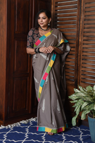 BROAD MULTICOLOR GREY PATCHWORK COTTON SAREE