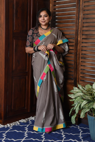BROAD MULTICOLOR GREY PATCHWORK COTTON SAREE