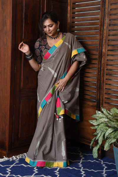 BROAD MULTICOLOR GREY PATCHWORK COTTON SAREE