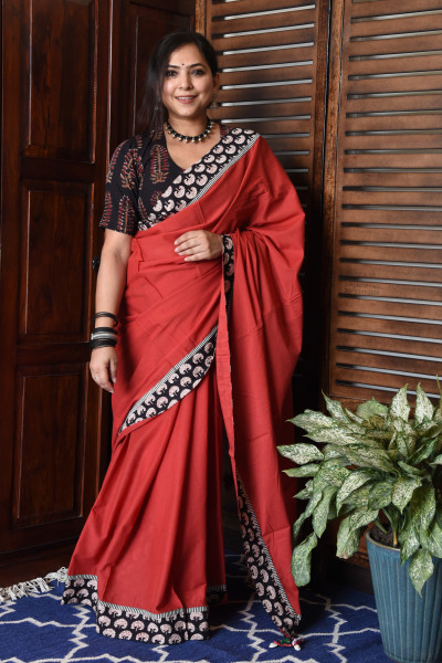 BIG TREE RED PATCHWORK COTTON SAREE