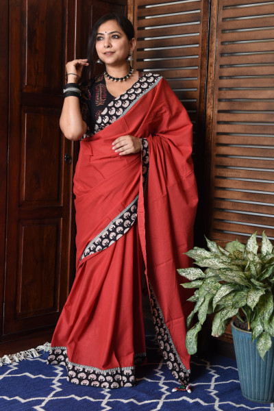 BIG TREE RED PATCHWORK COTTON SAREE