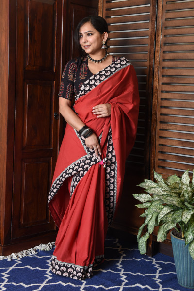 BIG TREE RED PATCHWORK COTTON SAREE