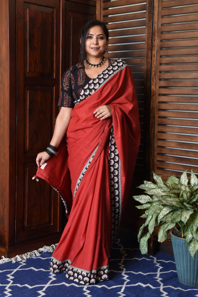 BIG TREE RED PATCHWORK COTTON SAREE