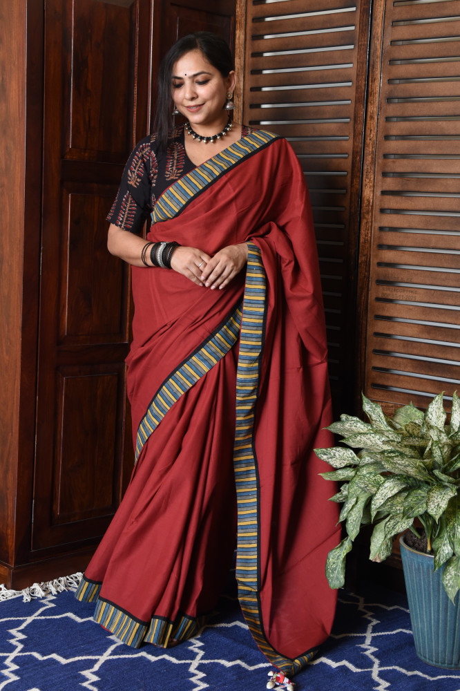 Image of THIN MULTICOLOR STRIPE RED PATCHWORK COTTON SAREE