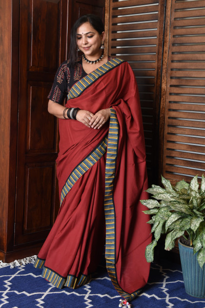 THIN MULTICOLOR STRIPE RED PATCHWORK COTTON SAREE