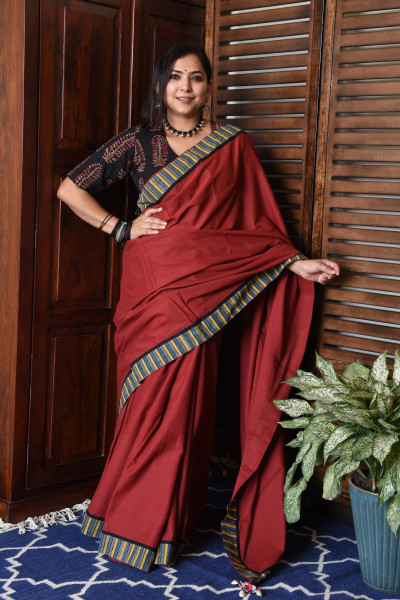 THIN MULTICOLOR STRIPE RED PATCHWORK COTTON SAREE