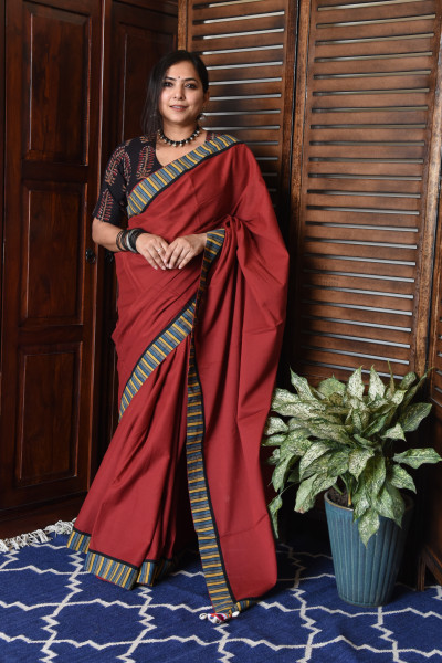 THIN MULTICOLOR STRIPE RED PATCHWORK COTTON SAREE