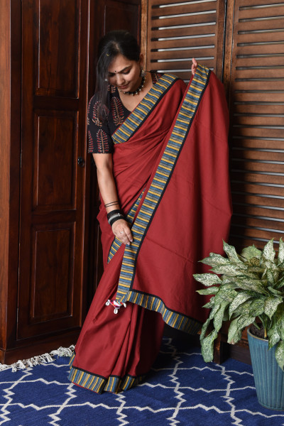 THIN MULTICOLOR STRIPE RED PATCHWORK COTTON SAREE