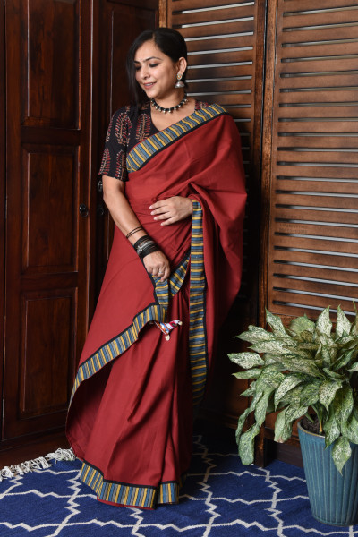 THIN MULTICOLOR STRIPE RED PATCHWORK COTTON SAREE