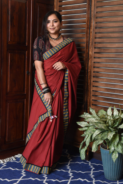 THIN MULTICOLOR STRIPE RED PATCHWORK COTTON SAREE