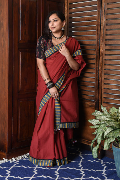 THIN MULTICOLOR STRIPE RED PATCHWORK COTTON SAREE