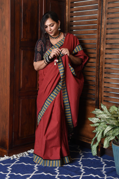THIN MULTICOLOR STRIPE RED PATCHWORK COTTON SAREE