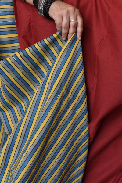 THIN MULTICOLOR STRIPE RED PATCHWORK COTTON SAREE