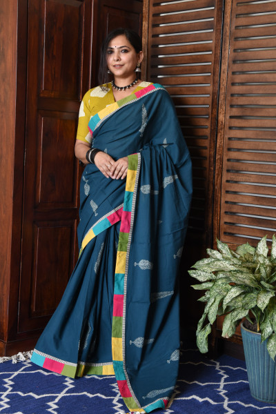 BROAD MULTICOLOR TEAL PATCHWORK COTTON SAREE