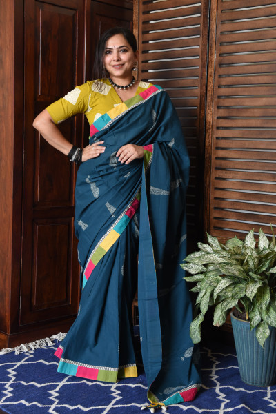 BROAD MULTICOLOR TEAL PATCHWORK COTTON SAREE