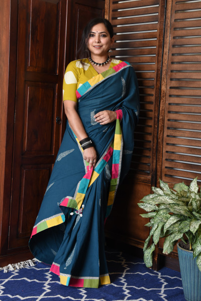 BROAD MULTICOLOR TEAL PATCHWORK COTTON SAREE
