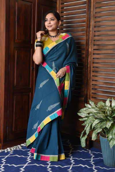BROAD MULTICOLOR TEAL PATCHWORK COTTON SAREE