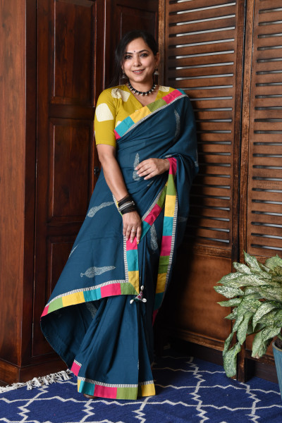 BROAD MULTICOLOR TEAL PATCHWORK COTTON SAREE